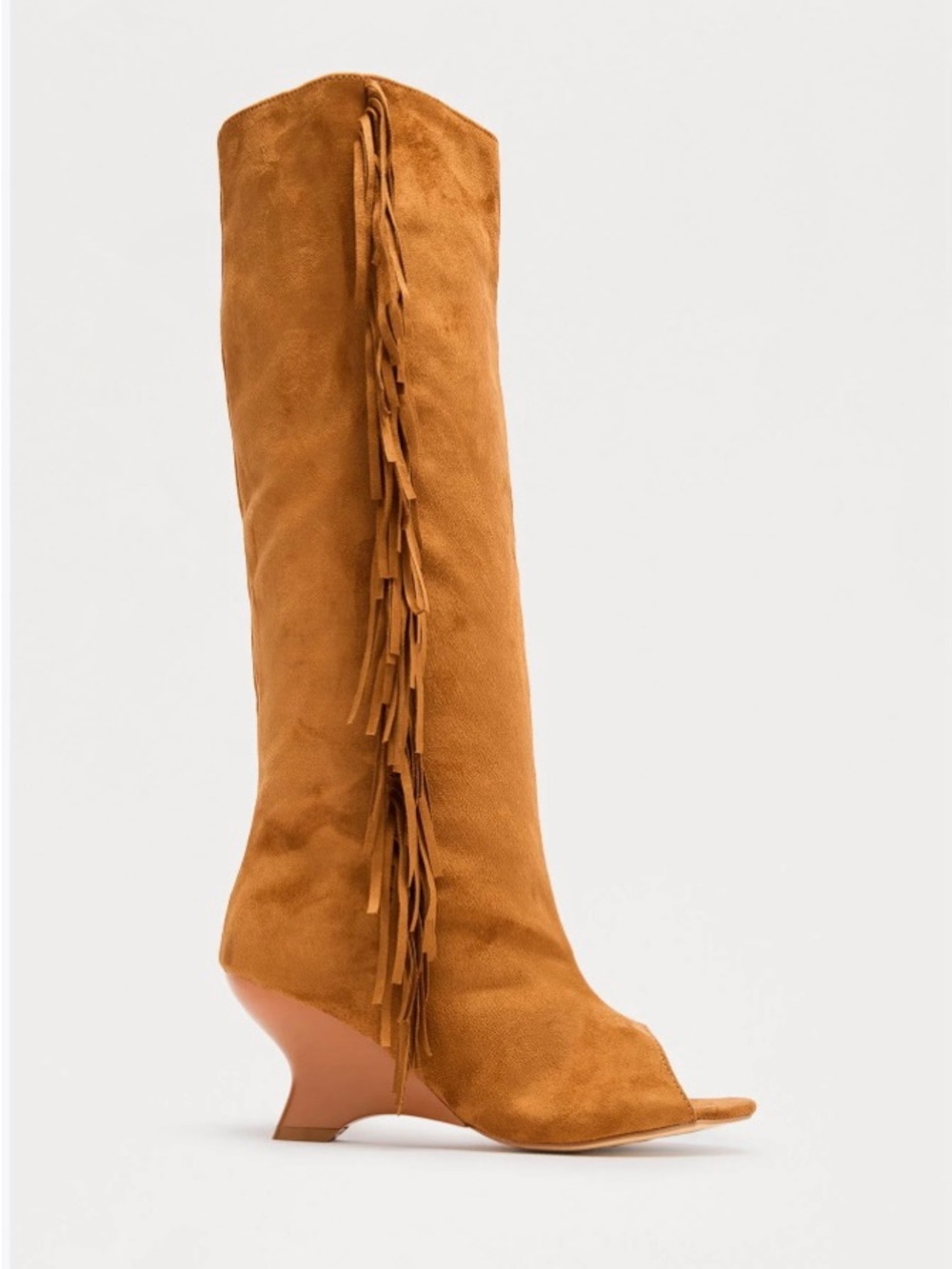 NWOB Camel Suede Fringe Peep-Toe Wedge Knee Boots